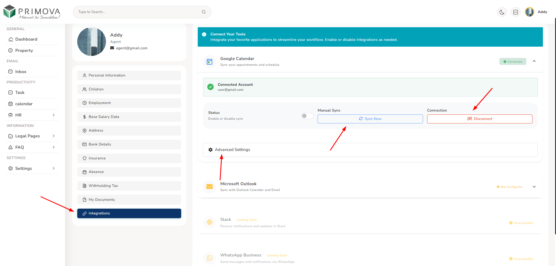 Integrations panel with Google Calendar, Outlook, Slack, WhatsApp connections